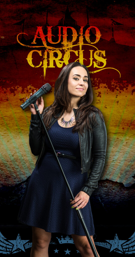 Standing portrait of a singer with the band's logo behind her in this poster layout
