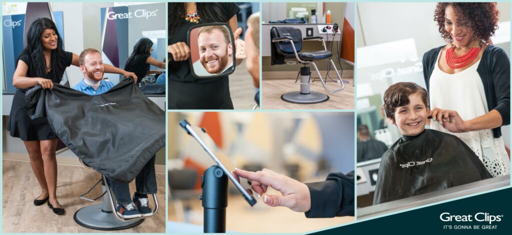 Photo montage of various marketing photos in a Great Clips salon