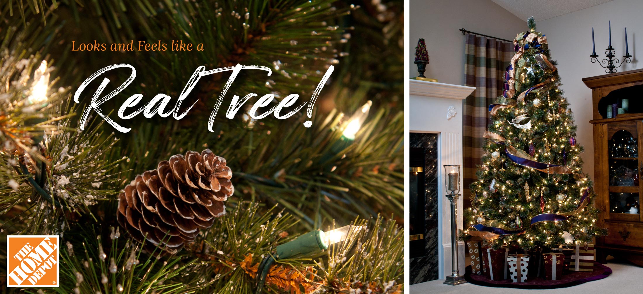 Environmental product photography inside a home showing Christmas trees faraway and closeup