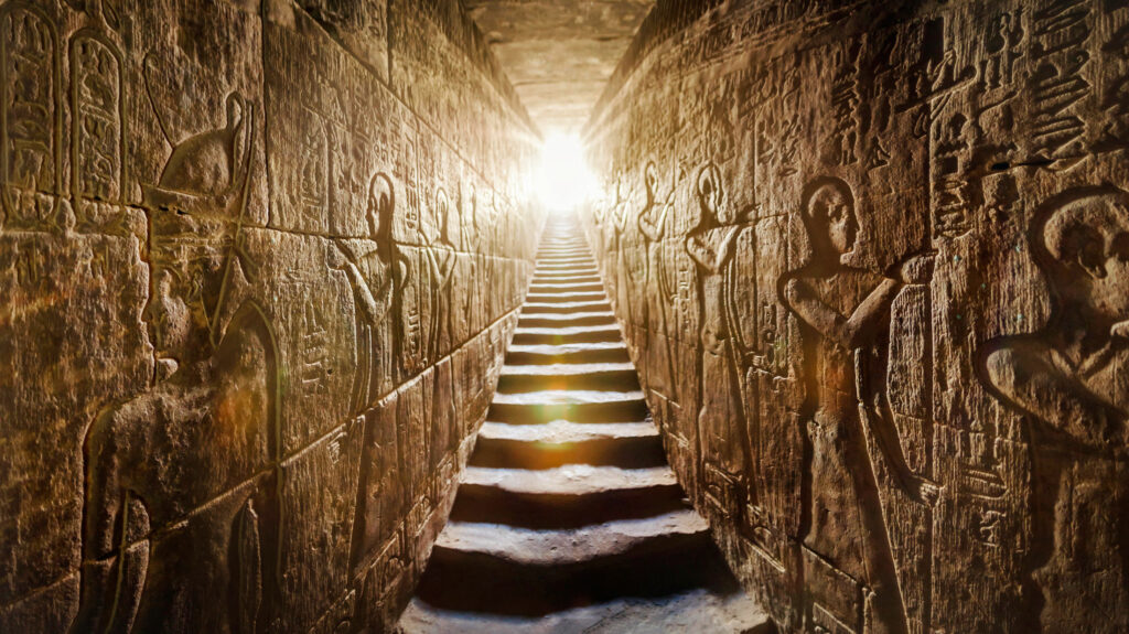 Inside Egyptian pyramid with Illumination going up the stairs